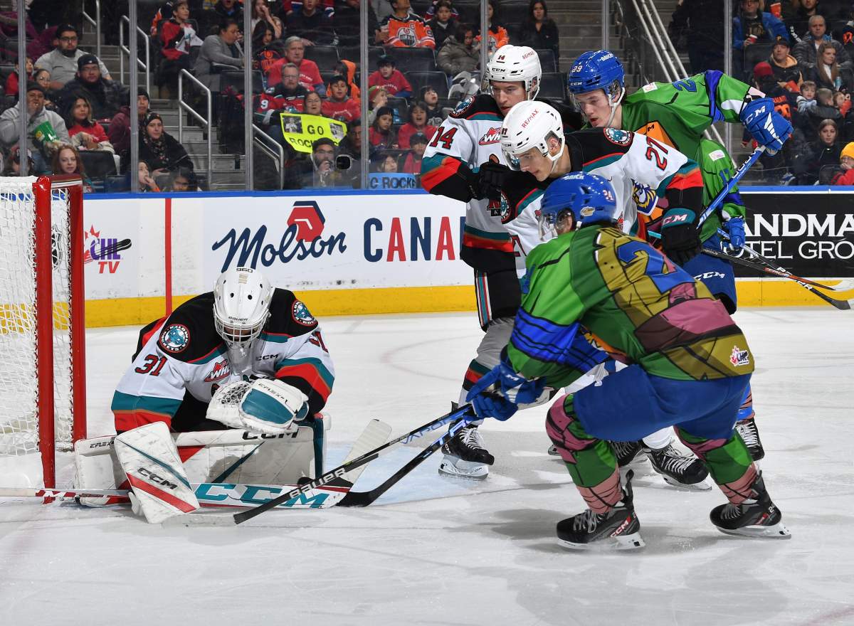 Kelowna Rockets goaltender Talyn Boyko covers the puck during the Kelowna Rockets’ 4-0 victory over the host Edmonton Oil Kings on Friday night.