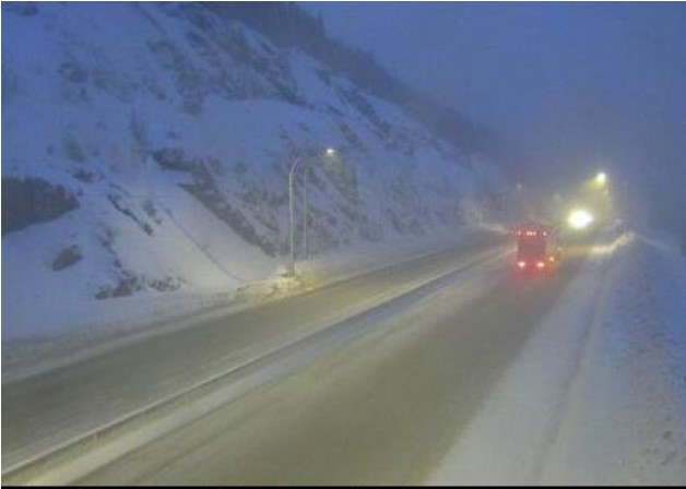 The Coquihalla Summit, on Hwy 5, about 7 km north of Zopkios Brake Check, looking north, is expected to be hit hard with snow Tuesday.  