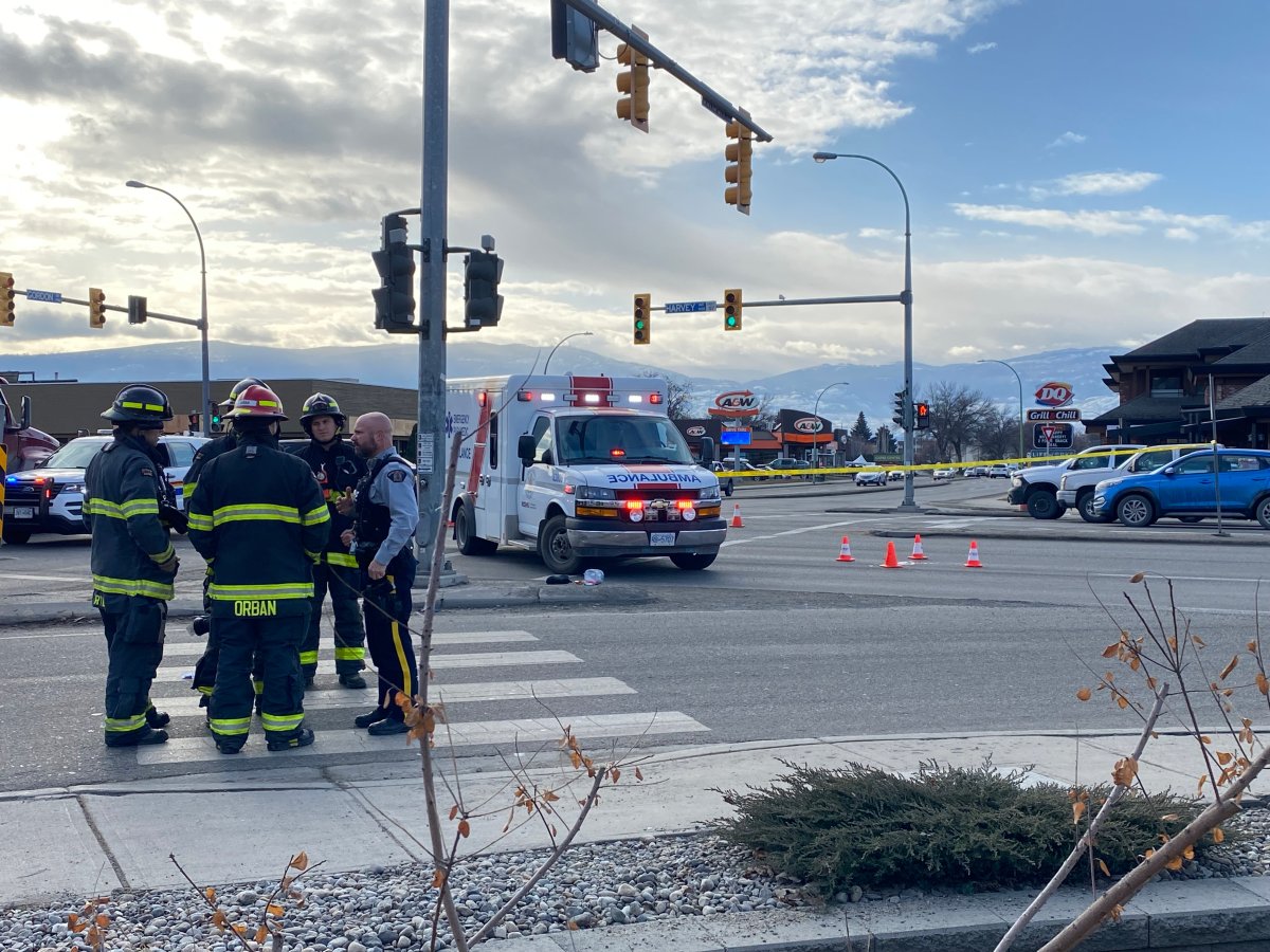 A pedestrian was hit at the intersection of Harvey Avenue and Gordon Drive in Kelowna, B.C., on Friday morning. Police say the pedestrian died from her injuries.