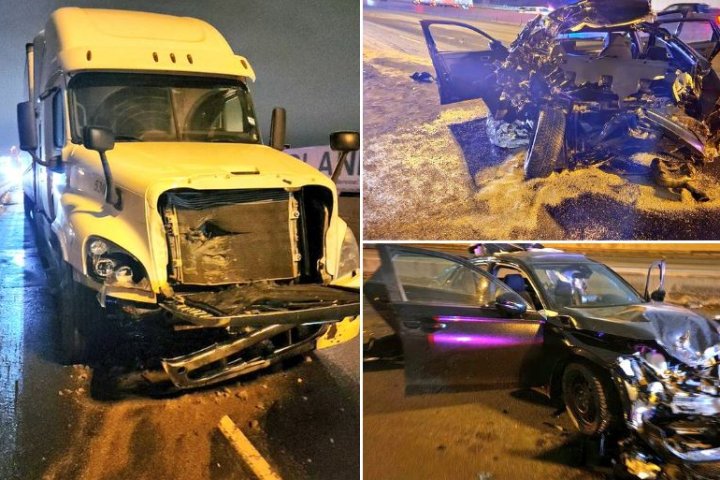 Tractor-trailer rear ends car on Hwy 401 in Toronto sending 3 men to hospital