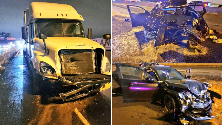 Photos from the crash scene on Highway 401 near Leslie Street in Toronto on Feb. 8, 2023.