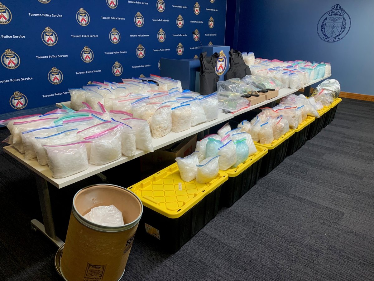 Drugs seized from Project Cerro on display at Toronto Police Headquarters on Feb. 1, 2023.