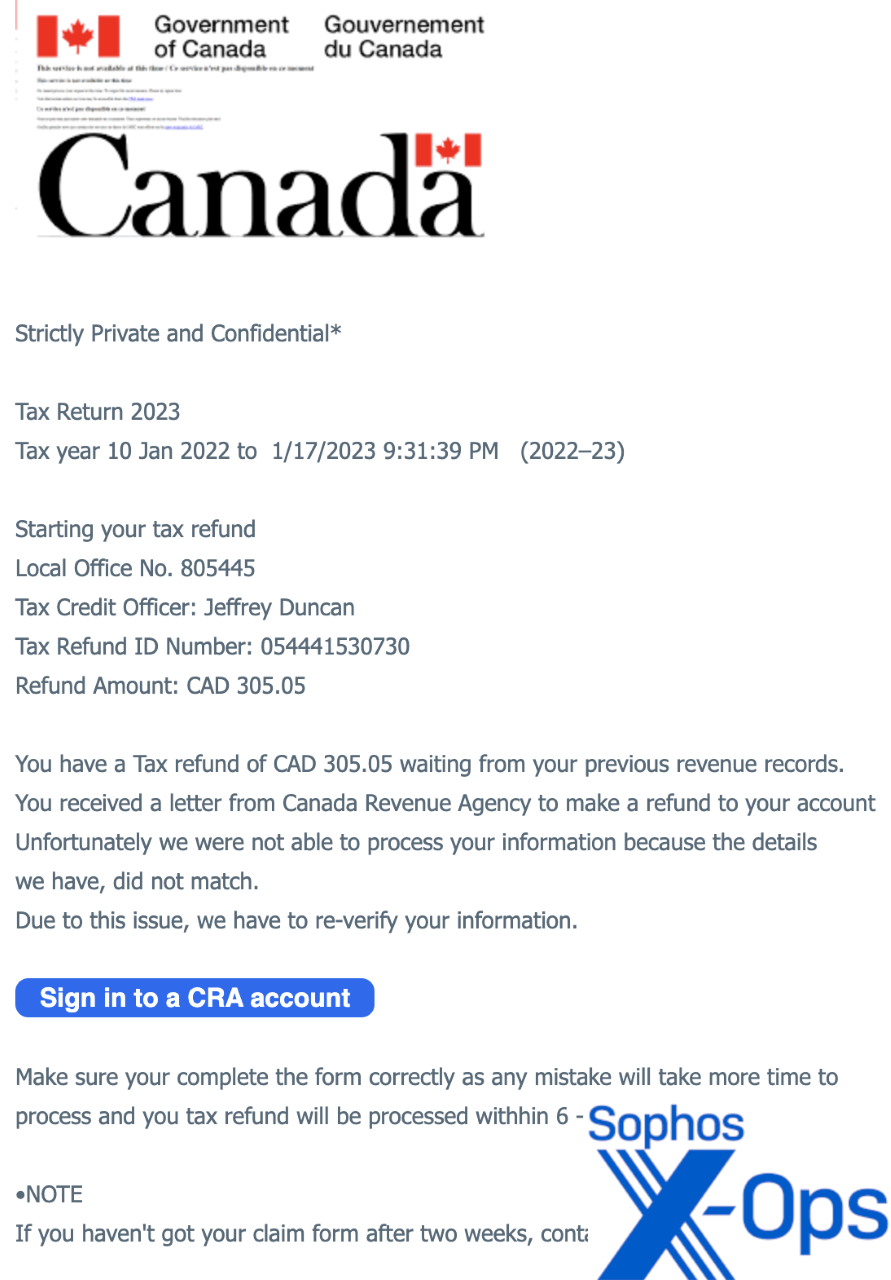 An example of a scam message claiming to be from the CRA.