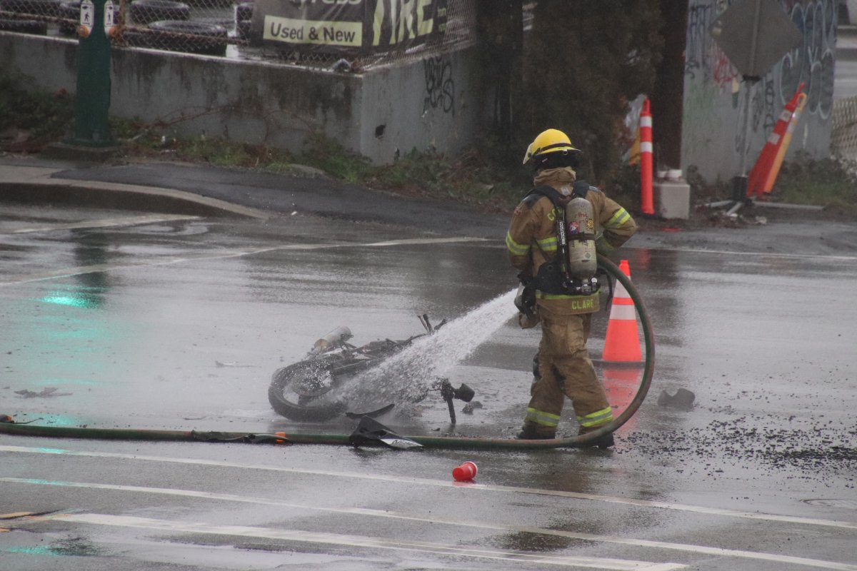 Fire crews quickly extinguished the motorcycle that caught fire in the crash. 