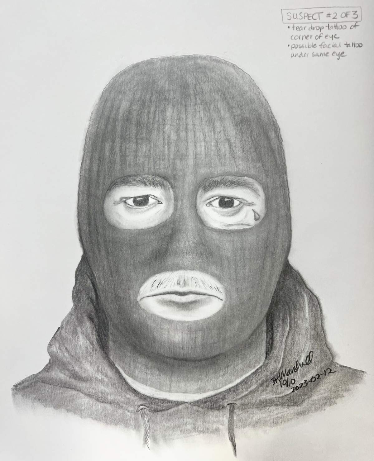 A sketch of suspect two whose face was covered by a black balaclava.
