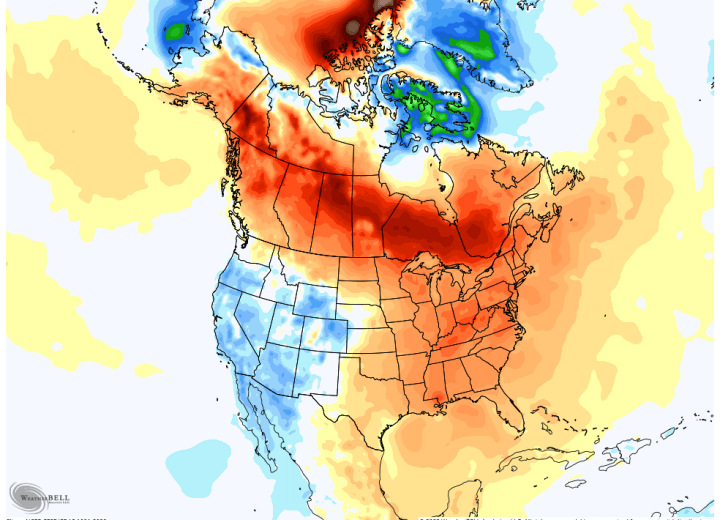 A graphic showing the temperature anomaly so far this year, with much of Canada well above normal.
