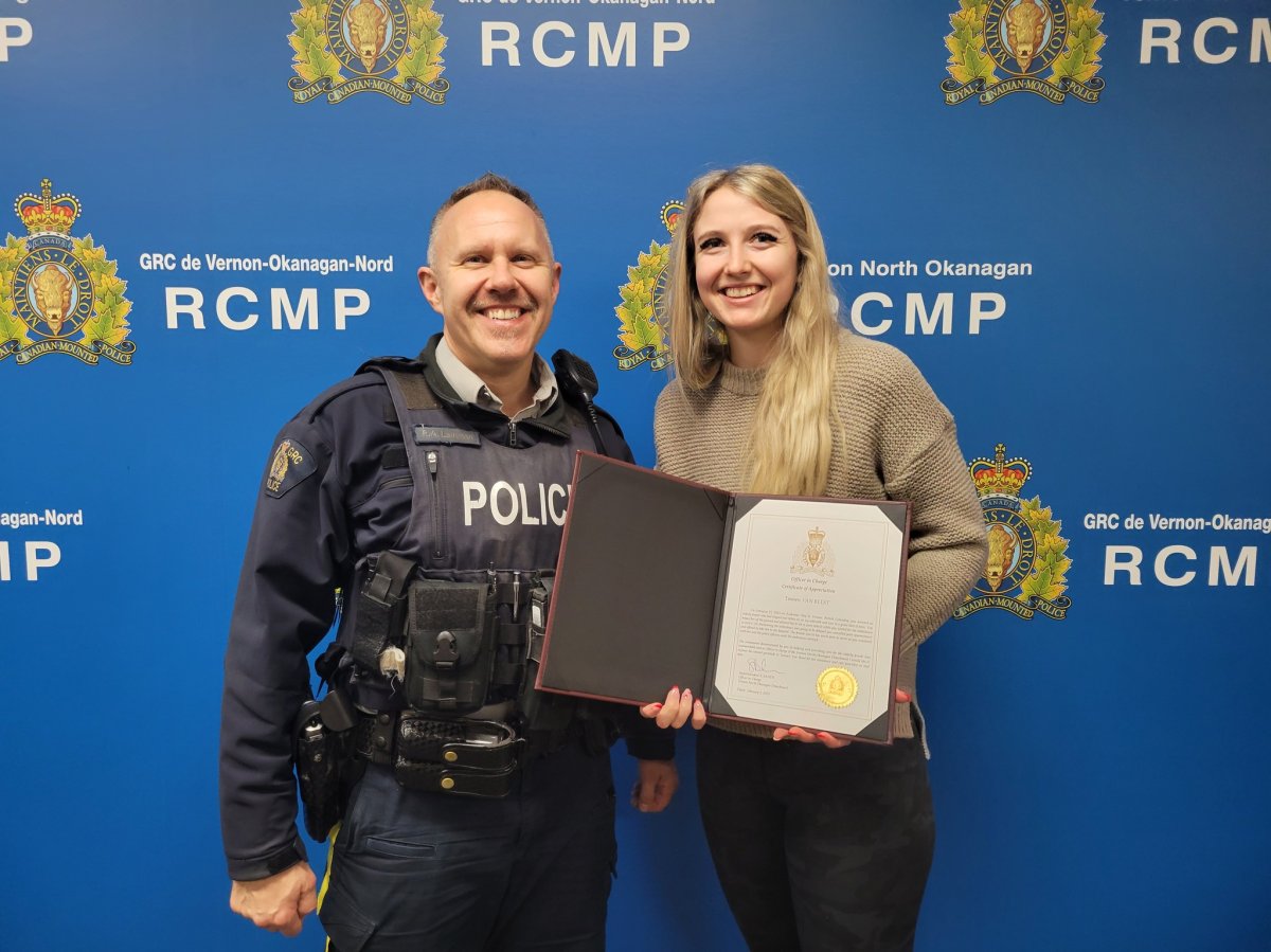 Tamsen Vanbeest was acknowledged this week by the RCMP for a good deed.