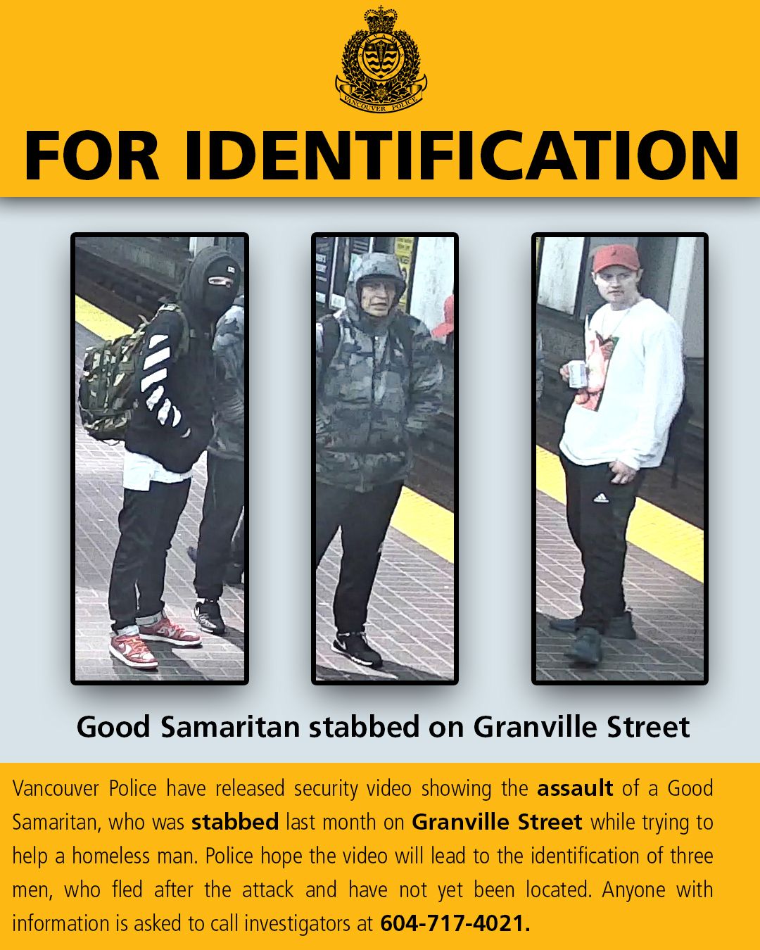 Vancouver police have released images of three suspects related to an assault on Granville Street.