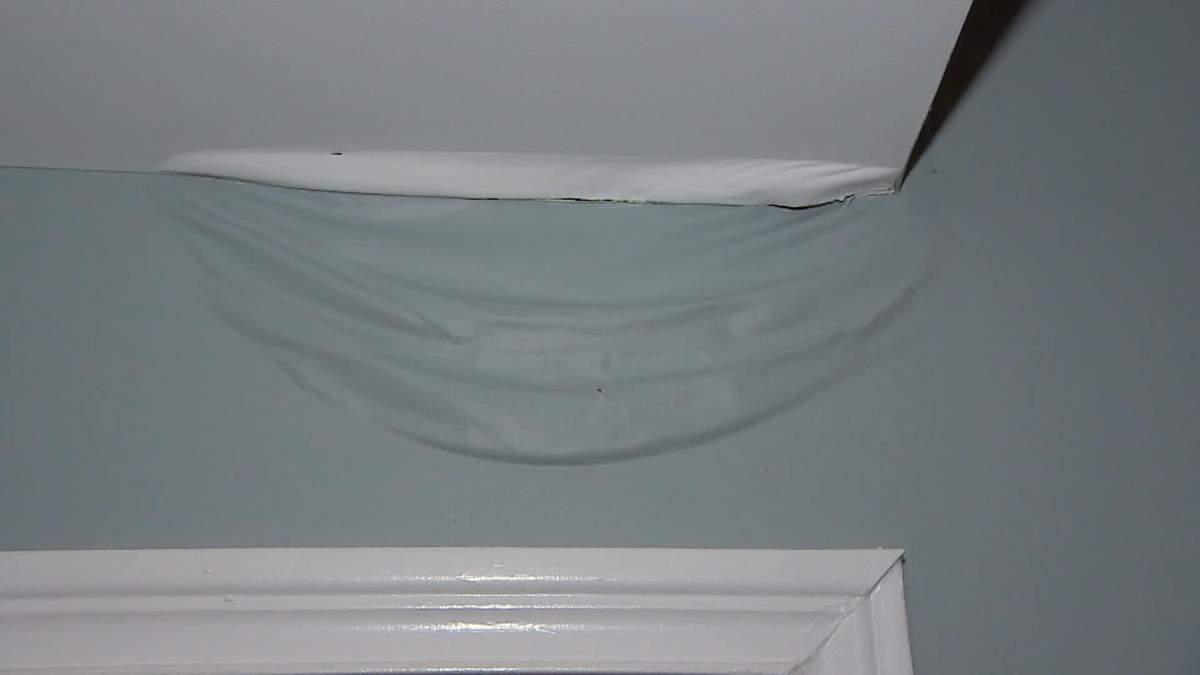 Water damage from a burst pipe.