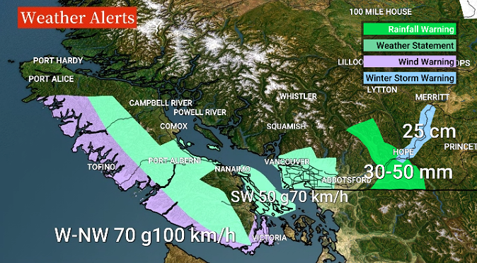 A heavy rainfall warning is in effect for the Eastern Fraser Valley with this system and a winter storm warning for the Coquihalla with up to 25 cm of further snowfall by Tuesday morning.