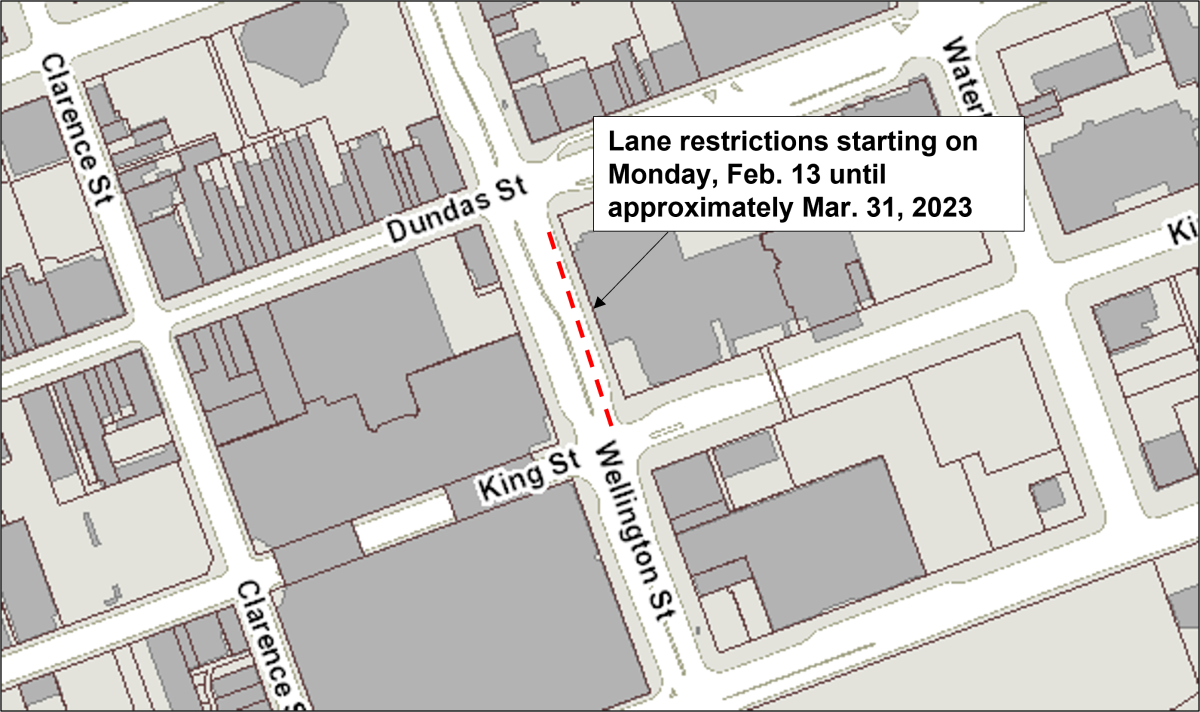 Starting Monday Feb. 13, lane restrictions will be in place on Wellington Street just north of King Street until Mar. 31.