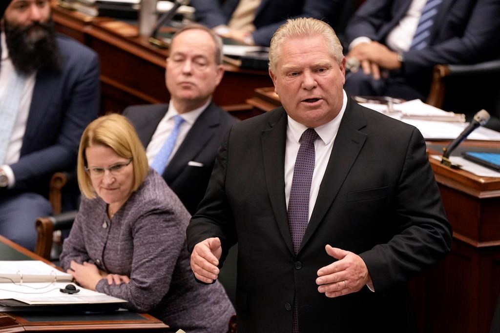 Ontario Premier Doug Ford answers a question on health care as the legislature resumes at Queen's Park in Toronto on Tuesday, Feb.21, 2023. Ontario's public health units are calling on the government to stop using one-time funding to bridge a gap it created four years ago, and to provide them with a predictable source of money as they address a backlog of services built up over the COVID-19 pandemic. THE CANADIAN PRESS/Frank Gunn.