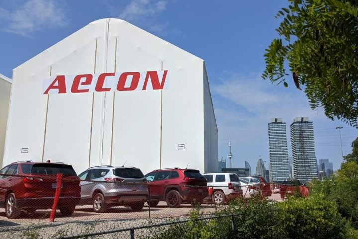 An Aecon construction site near the Gardiner Expressway is shown in Toronto on Friday, July 10, 2020. Aecon Group Inc. has signed a deal to sell its road building business in Ontario to Green Infrastructure Partners Inc. (GIP) for $235 million in cash. 