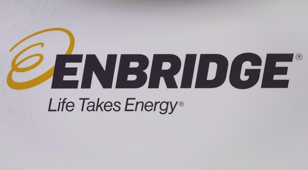 The Enbridge logo is shown at the company's annual meeting in Calgary on May 9, 2018.