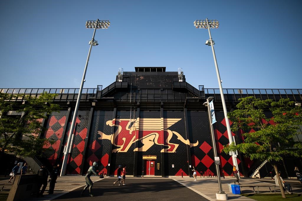 The Guelph Gryphons logo is seen on the side of Alumni Stadium at the University of Guelph in Guelph, Ont., Friday, June 3, 2022.