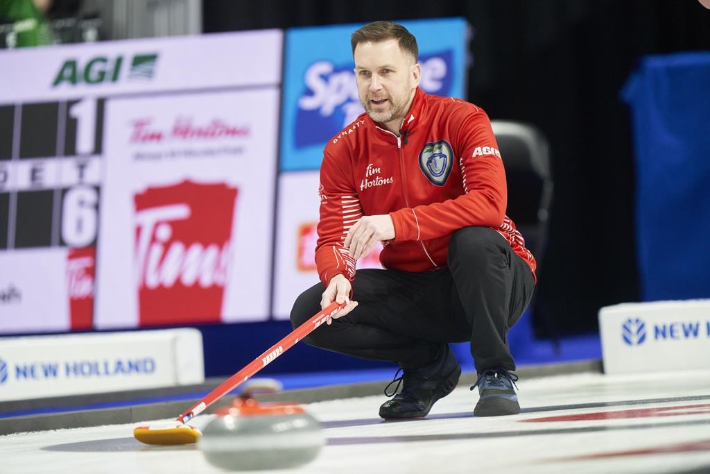Team Canada skip Brad Gushue delivers a shot during Canada’s match against P.E.I. the 2023 Tim Hortons Brier at Budweiser Gardens in London, Ont. on Monday, March 6, 2023.