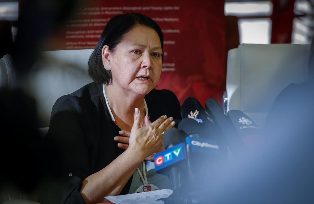Grand Chief Cathy Merrick of the Assembly of Manitoba Chiefs at a news conference in Winnipeg on Friday, Feb. 10, 2023. The Manitoba government has signed an agreement to open access to death certificates of Indigenous children who died at residential schools. 