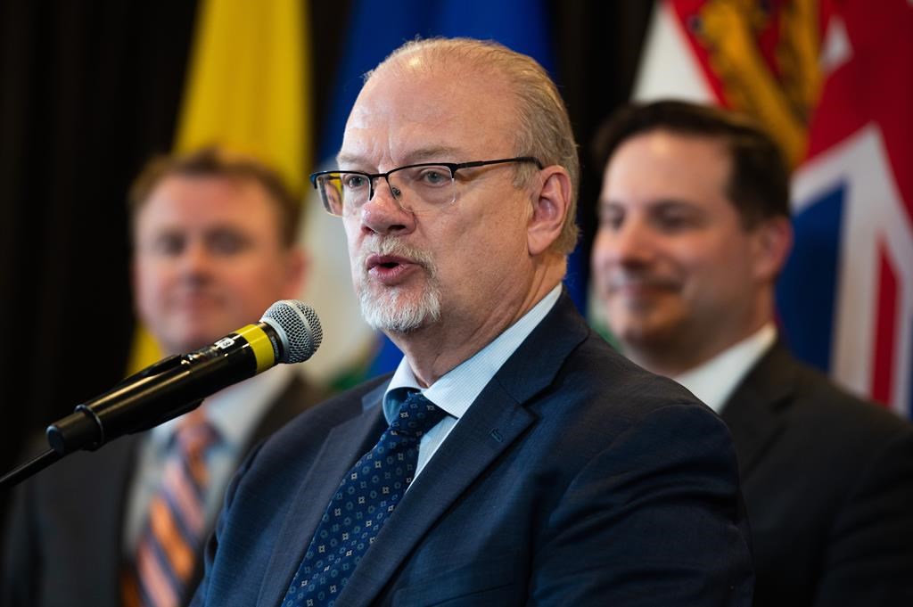 Manitoba Justice Minister Kelvin Goertzen speaks during a Federal-Provincial-Territorial (FPT) Ministers meeting on bail reform in Ottawa on Friday March 10, 2023. The Manitoba government is paving the way for municipalities to have new peace officers, including ones to monitor Winnipeg transit buses. 