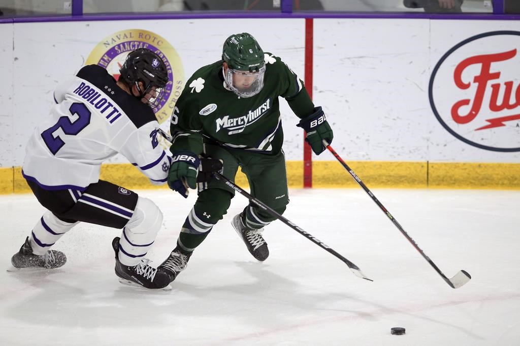 FILE - Mercyhurst's Carson Briere (6) playing against Holy Cross's Jack Robilotti (2) during the first half of an NCAA hockey game on Friday, Nov. 12, 2021, in Worcester, Mass.