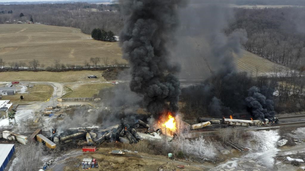 This photo taken with a drone shows portions of a Norfolk Southern freight train that derailed Friday night in East Palestine, Ohio are still on fire at mid-day Saturday, Feb. 4, 2023. Soon after the train derailed and spilled toxic chemicals in Ohio last month, anonymous pro-Russian accounts started spreading misleading claims and anti-American propaganda about it on Twitter, using Elon Musk's new verification system to expand their reach while creating the illusion of credibility.