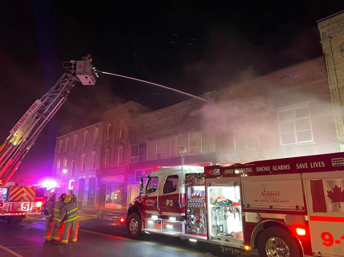 Early on in the fire at 50 Talbot St. E in Aylmer, Ont., March 20, 2023.
