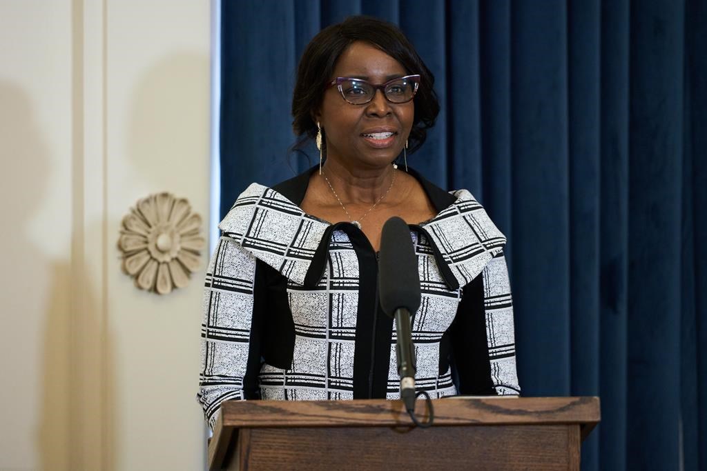 Manitoba Health Minister Audrey Gordon is sworn in at the Manitoba Legislative Building in Winnipeg, Tuesday, Jan. 18, 2022. Four nurses hired on a casual basis to help examine victims of sexual assault in Manitoba have resigned in one day. THE CANADIAN PRESS/David Lipnowski.