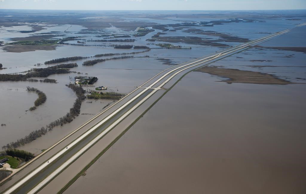 Some sections of Highway 75 south to the United States are closed as a result of Red River flooding south of Winnipeg in this image from Sunday, May 15, 2022.