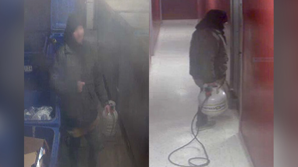 Police are seeking a suspect captured on video accused of using a propane tank and blowtorch attachment to set fire to a utility room at Oxford Street apartment in Hamilton.