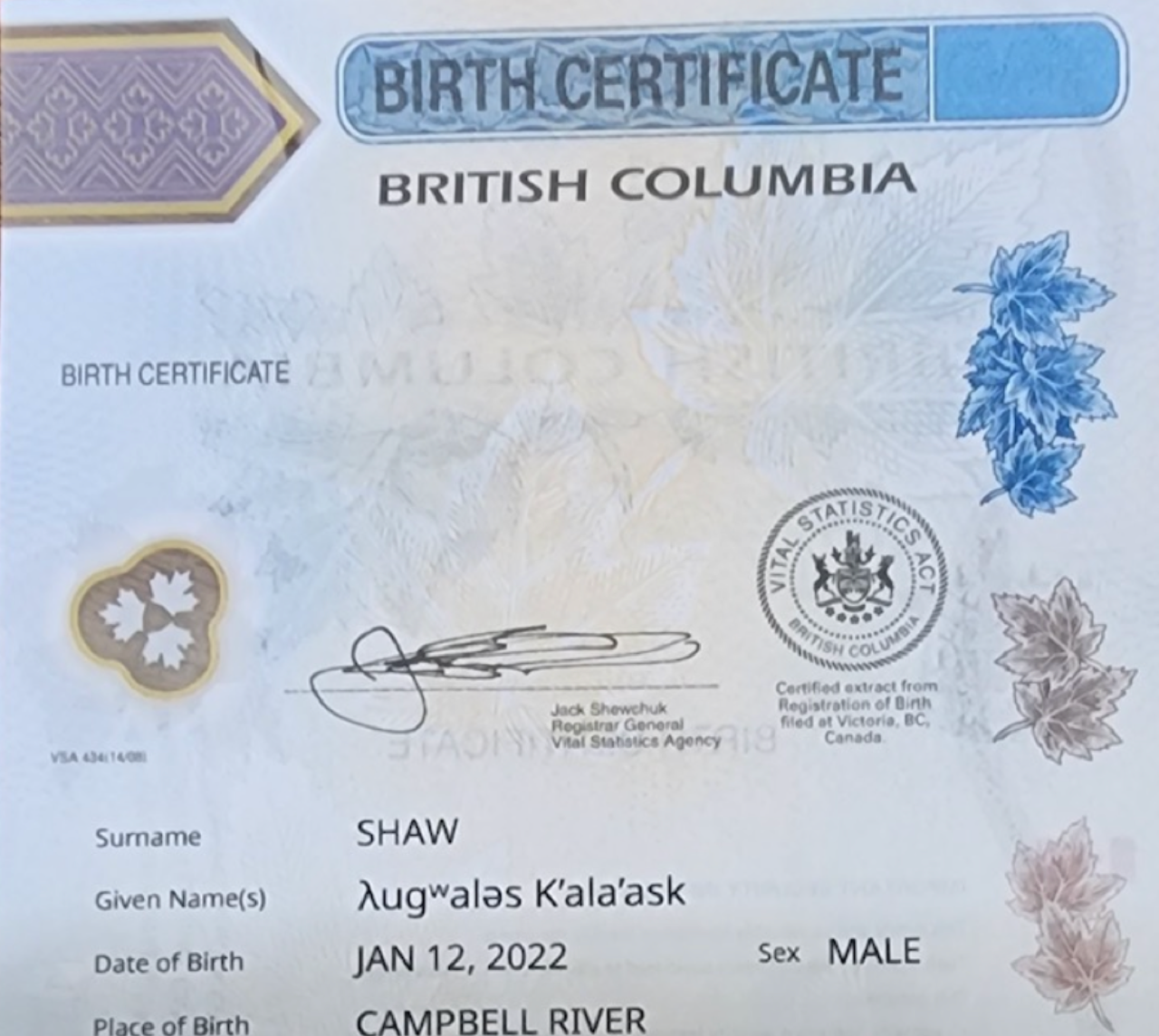 λugʷaləs Becomes First Baby In B.C. To Have His Indigenous Name On ...