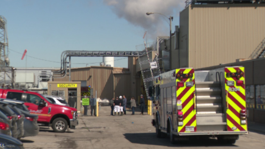 Halton firefighters on scene at the at Sofina Foods plant at 821 Appleby Line in Burlington, Ont. Mar. 3, 2023. Halton Police say just over a dozen people were sent to hospital as a precaution following a suspected chemical leak.