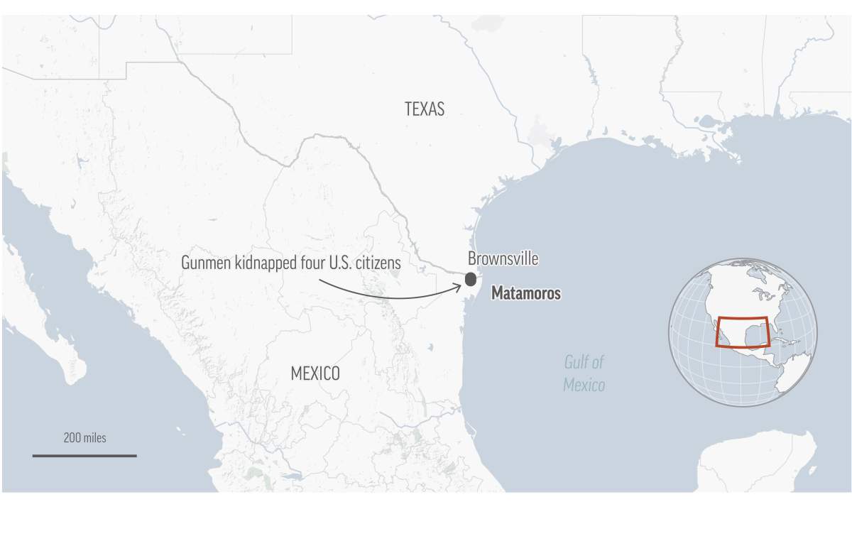 Map showing location of Matamoros, Mexico where four U.S. citizens were kidnapped by gunmen