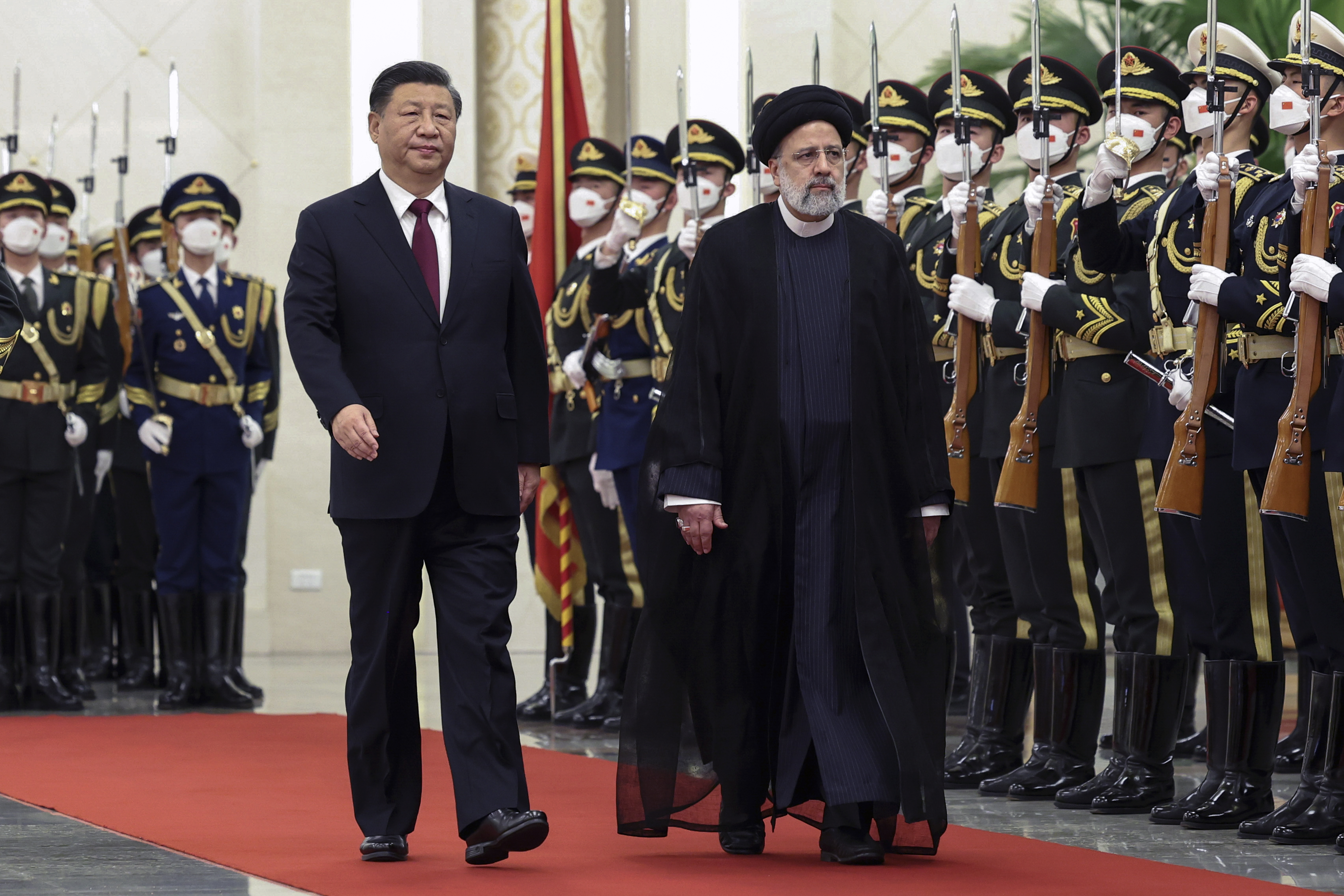 Iranian President Ebrahim Raisi, right, and Chinese President Xi Jinping in Beijing, Feb. 14, 2023. Xi expressed support for Iran as it tries to expand relations with Beijing and Moscow to offset western sanctions. (Pang Xinglei/Xinhua via AP)/Xinhua via AP)
