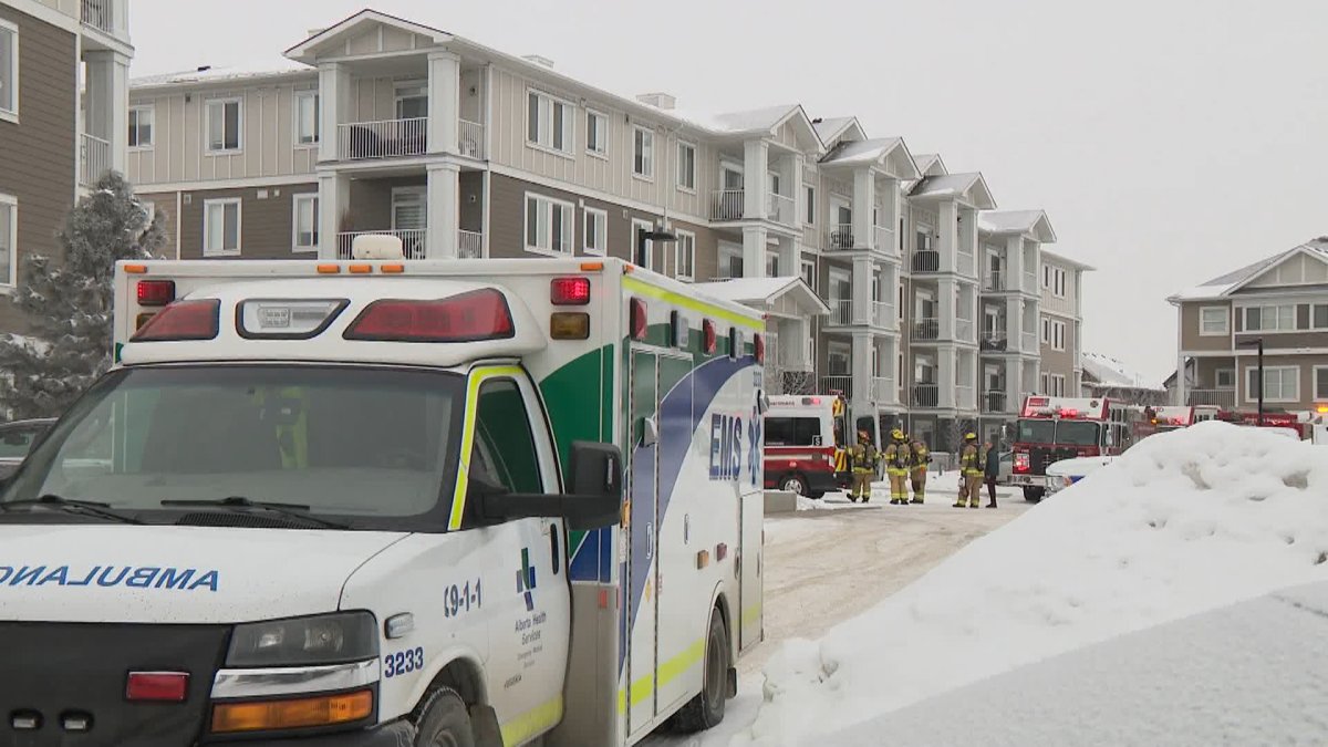 EMS and fire attend an apartment building in Calgary after a smell of gas was reported on March 10, 2023.
