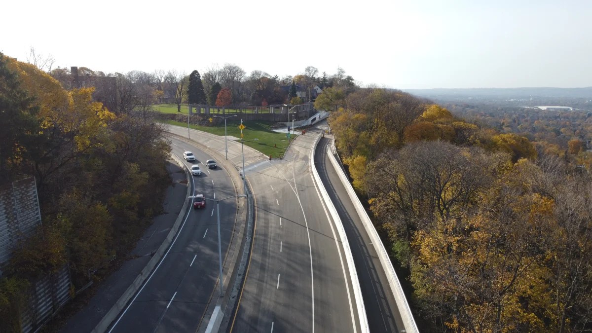 The City of Hamilton closed the downbound lanes of the Claremont Access in early March 2023 amid potentially dangerous erosion of a slope on the escarpment.