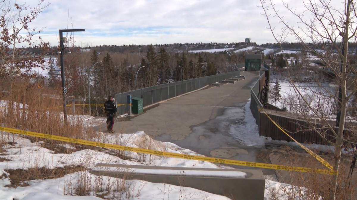 A police scene at the Funicular bridge in Edmonton's North Saskatchewan River valley on Thursday, March 2, 2023.
