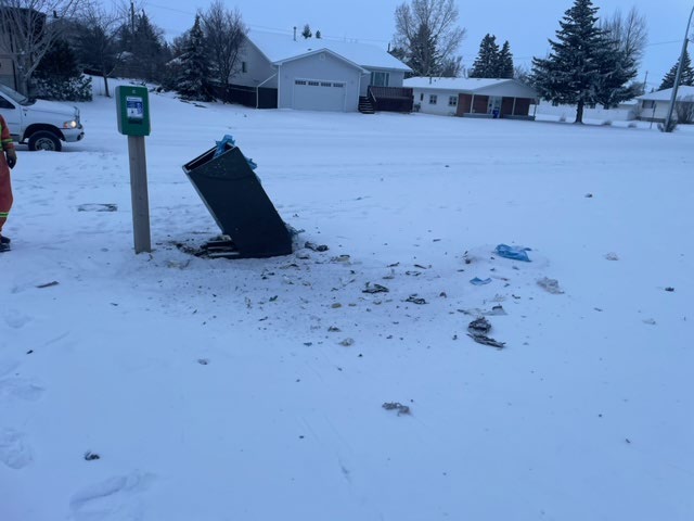The aftermath of a pipe bomb explosion in a garbage bin in Claresholm.