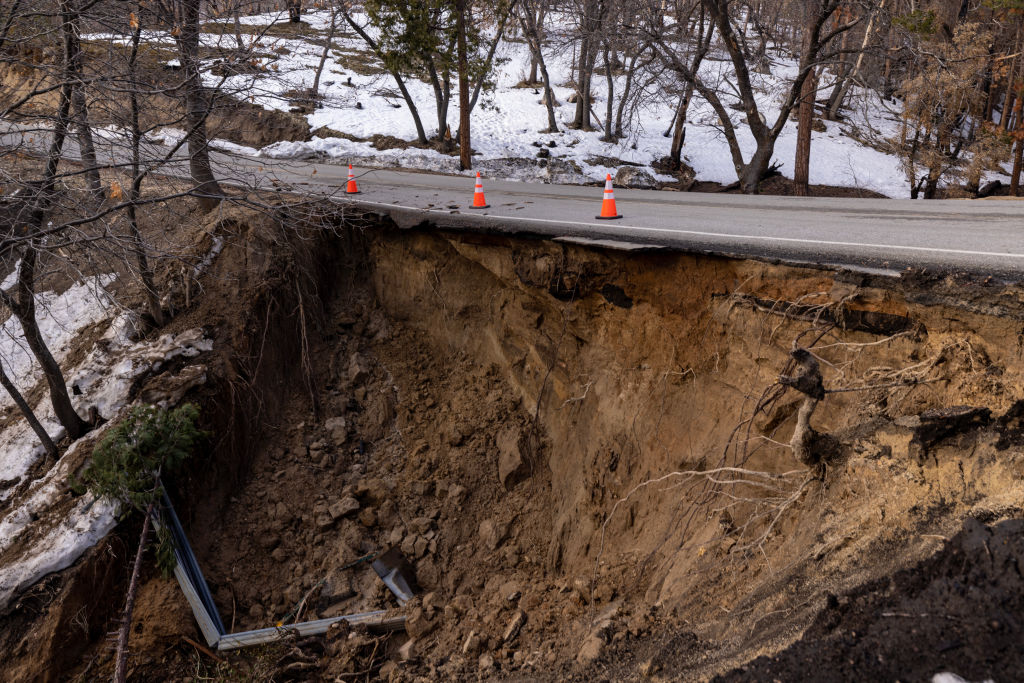 Storm damage to California State Route 155 is seen on March 12, 2023 near Wofford Heights, Calif.