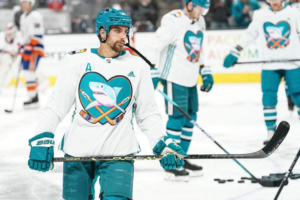 Mario Ferraro #38 of the San Jose Sharks skates during warmups wearing special Pride Night jerseys before the game against the New York Islanders at SAP Center on March 18, 2023 in San Jose, California.
