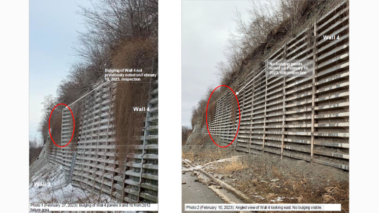 A photo from the City of Hamilton’s engineering services taken Feb. 27, 2023 showing city staff disfigured steel walls posing a potential safety concern on the Claremont Access.
