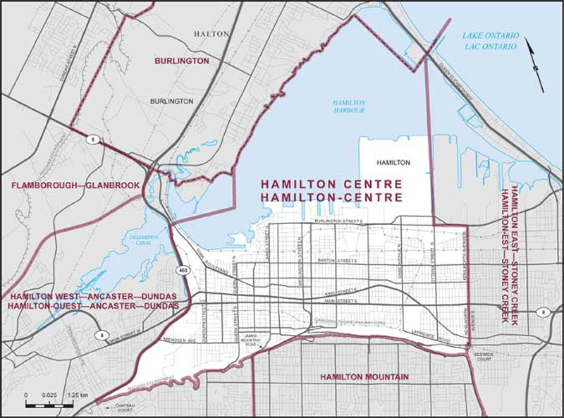 An Elections Ontario map of the Hamilton Centre riding as of the 2023 byelection set for March 16.