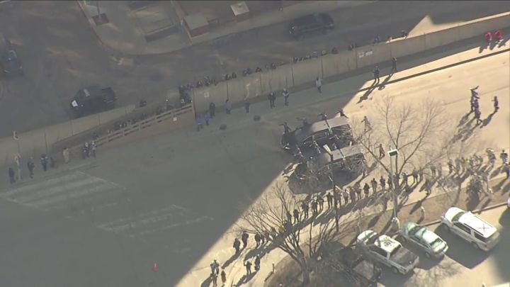 The hearses carrying constables Travis Jordan and Brett Ryan are seen at a regimental funeral procession for the two slain Edmonton police officers on March 27, 2023.