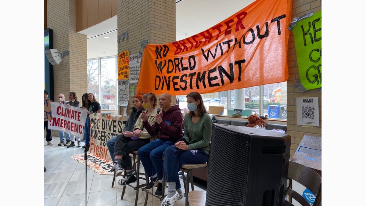 A group of students at McMaster University during a hunger strike at the learning facility on Mar. 24, 2023. The demonstration stopped on Mar.28 after eight days.