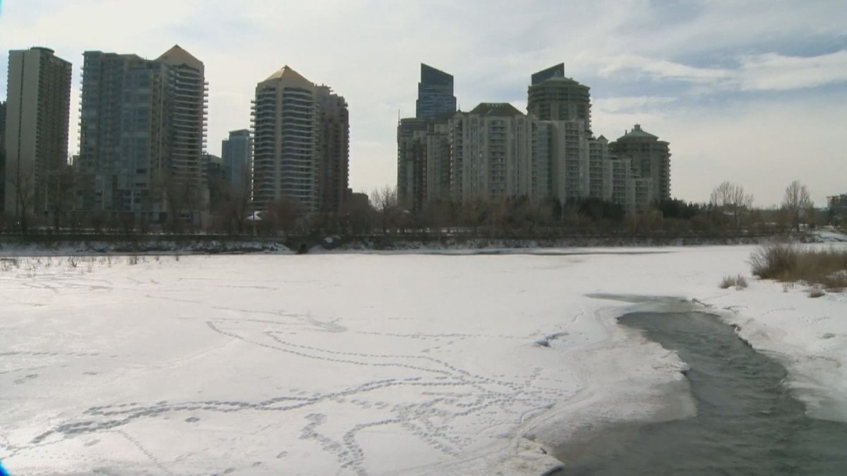 The Bow River flows through downtown Calgary on March 24, 2023.