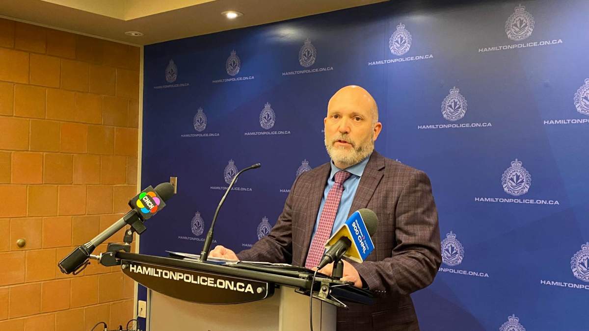 Hamilton police Det. Sgt. Jason Cattle on March 27, 2023 during an update at central station on the homicide of Robert Barberstock.