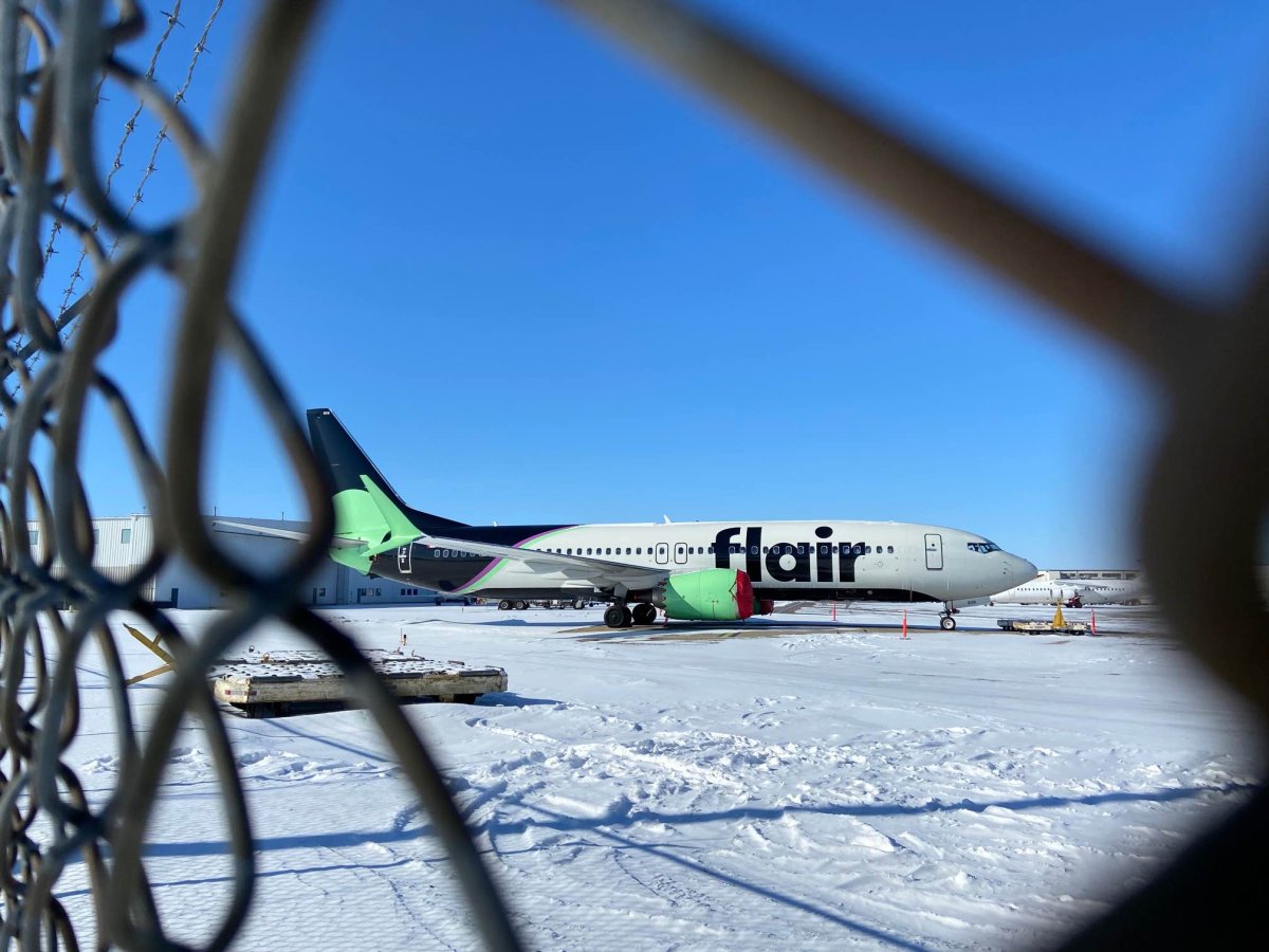 Flair plane sitting on the tarmac outside the Executive Flight Centre Hanger 2 in Edmonton on March 14, 2023.