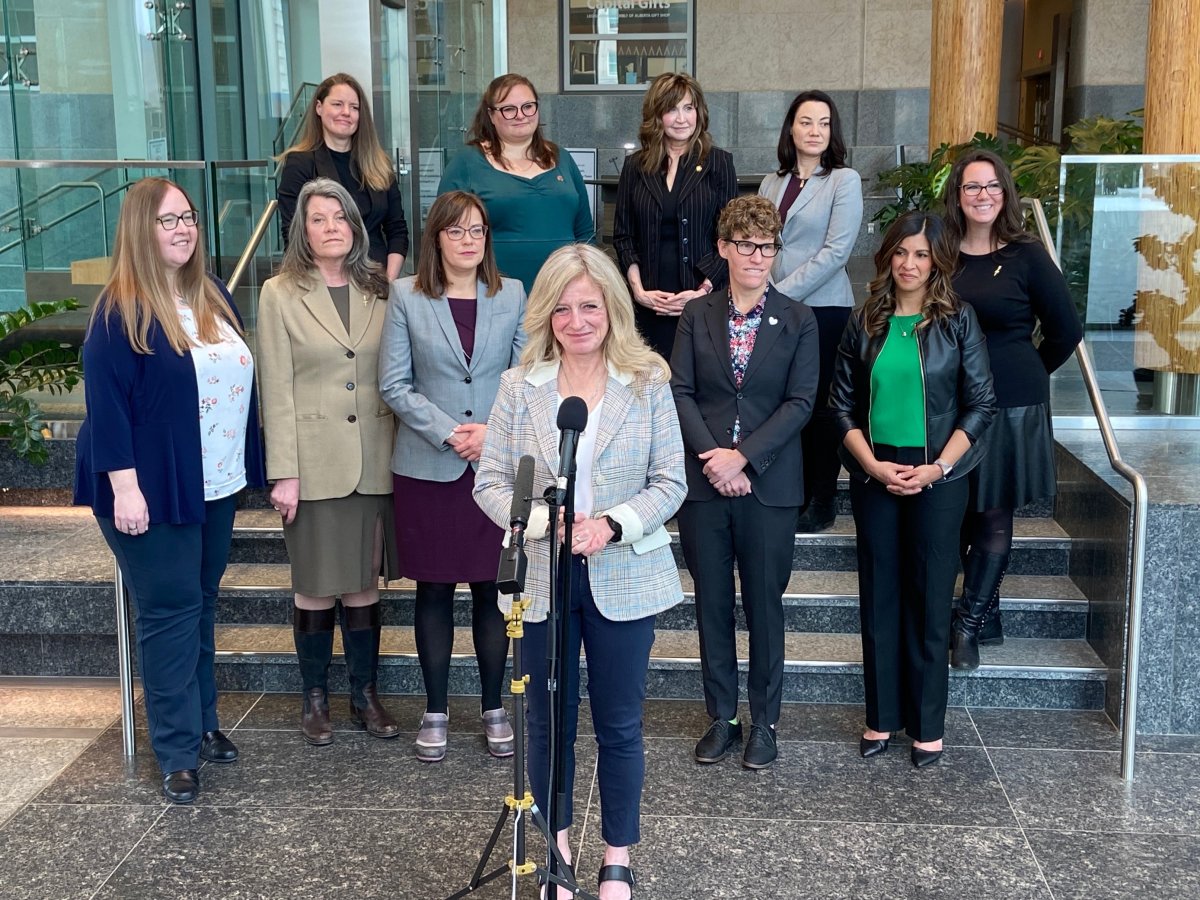 Several NDP MLAs gather in Edmonton on March 8, 2023, to announce plans to provide free prescription contraception to Albertans if elected.