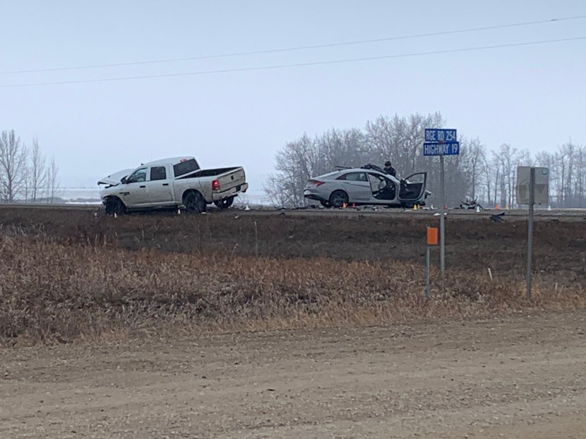 A two-vehicle crash on Highway 19 near Range Road 254 in Leduc County on Friday, March 31, 2023.