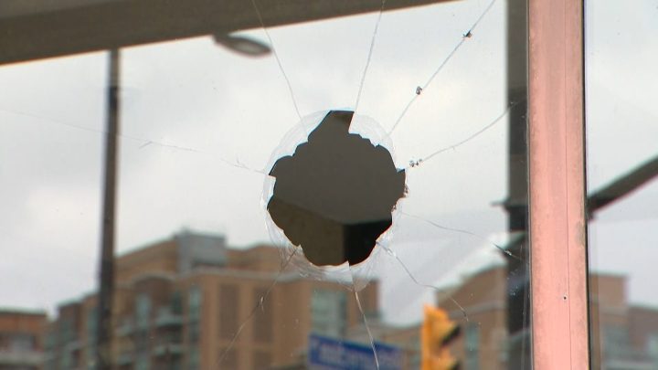 Police say a man threw an object at the window of the 22 Division police station in Etobicoke, Ont.