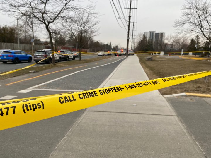 Toronto police on the scene of a shooting reported in the Finch and Kipling avenues area on Wednesday, March 22, 2023.