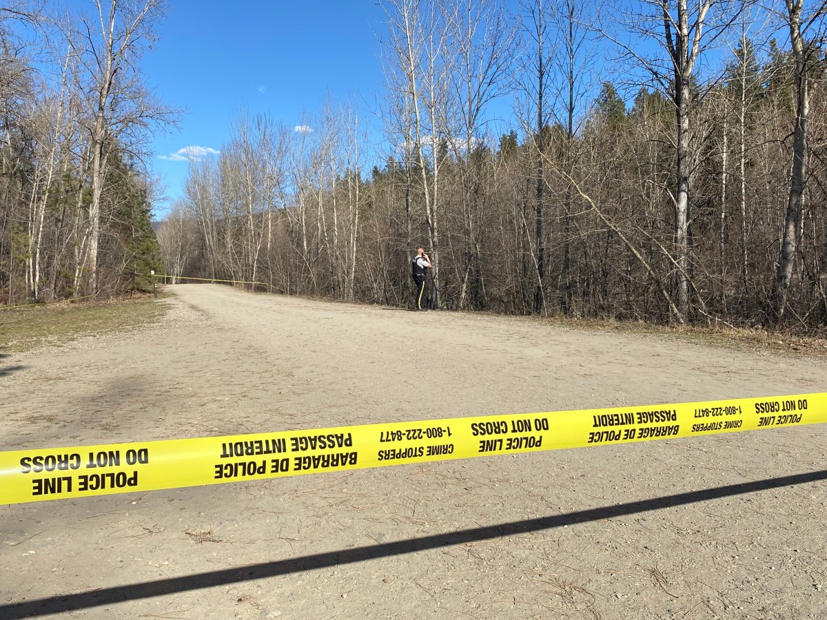 Police tape at Mission Creek Regional Park in Kelowna, B.C.